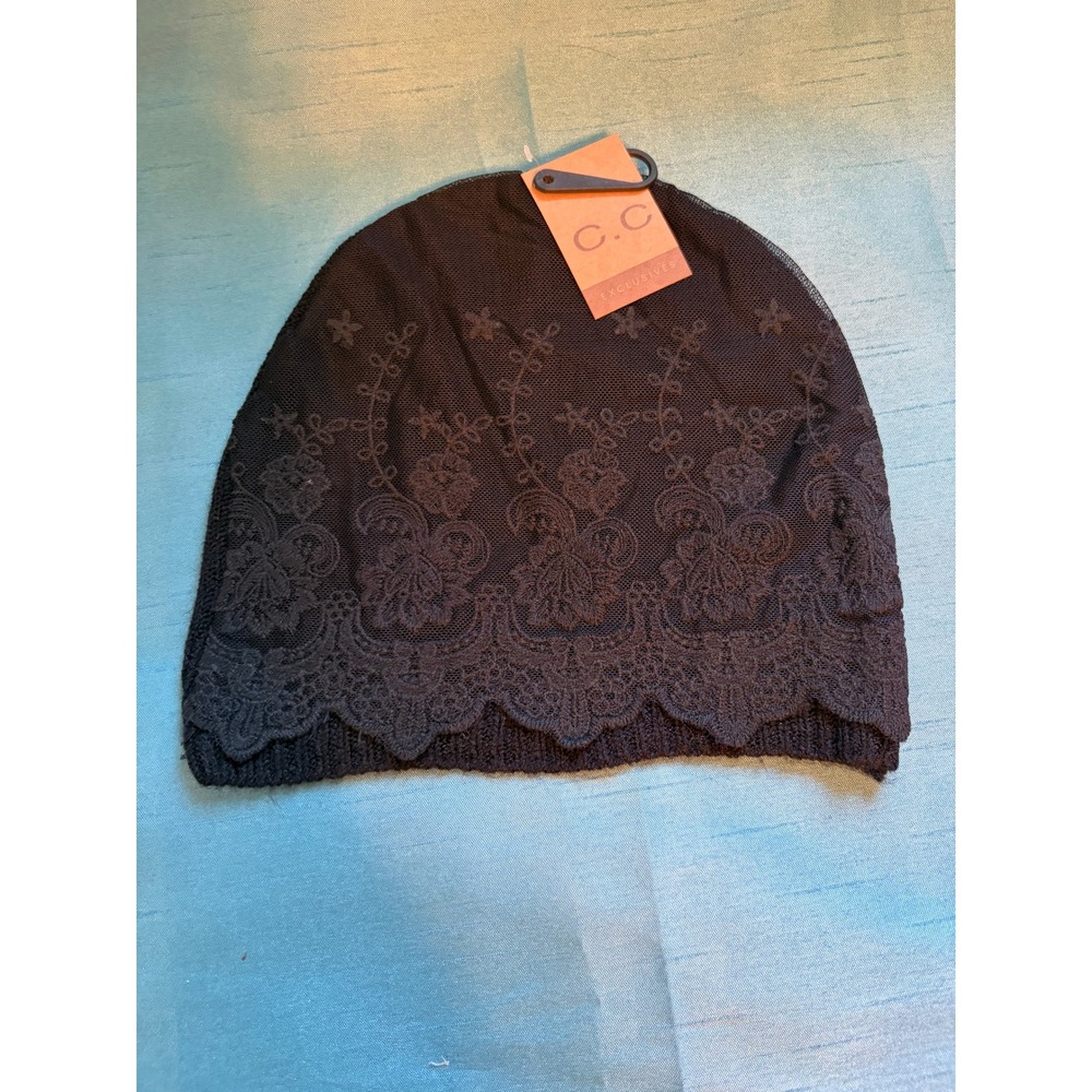 C.C Exclusives Beanie Women OS Black Lace Coquette Floral Mesh Knit Scalloped